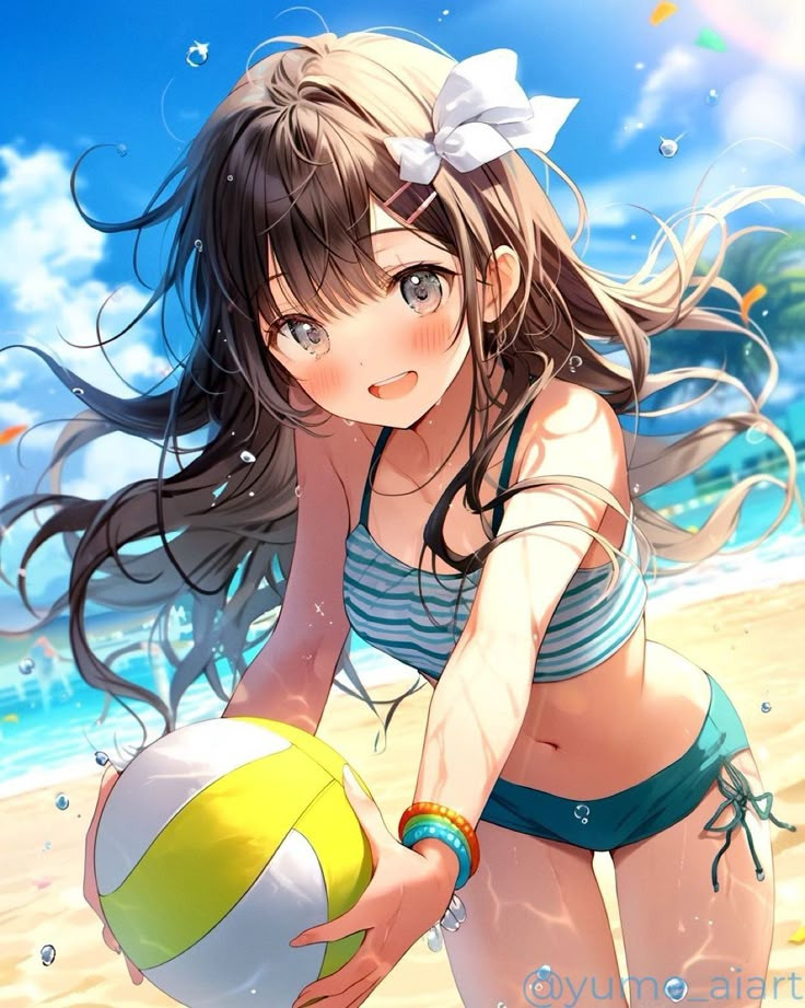 Cô gái anime mặc bikini chơi bóng chuyền bãi biển