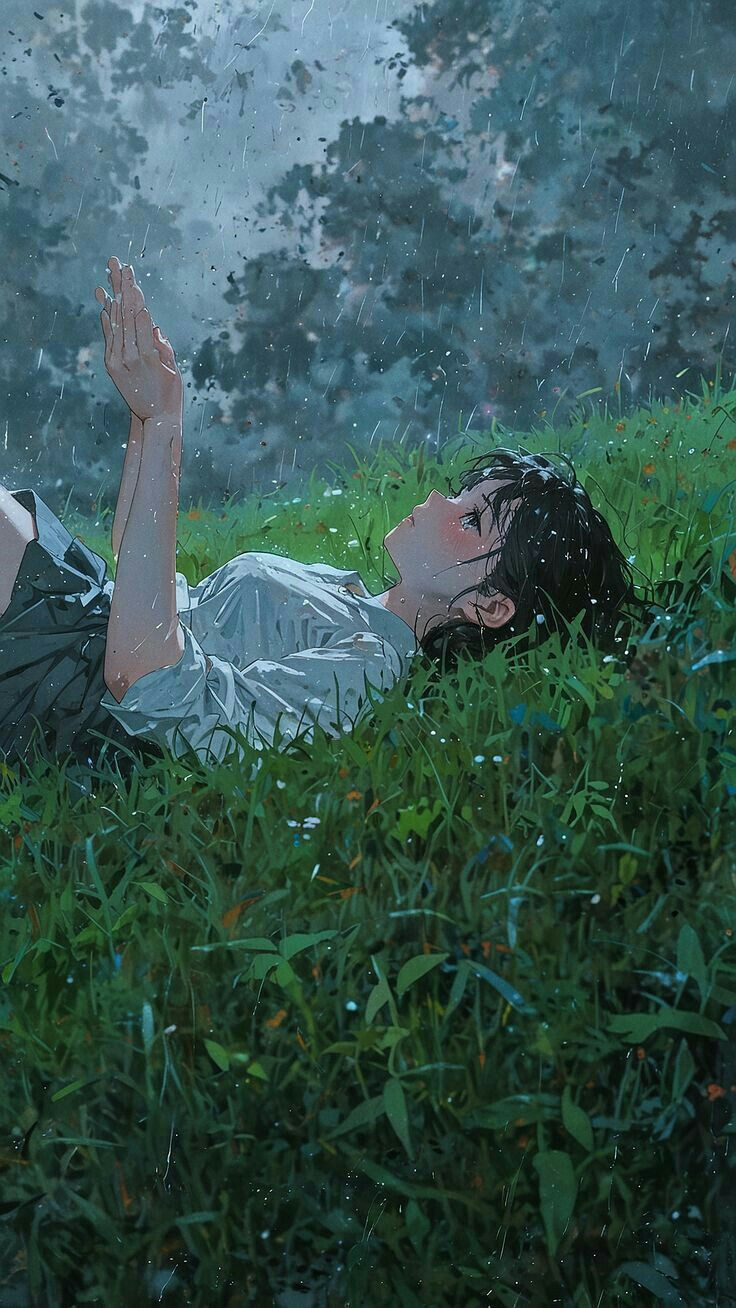 Cô gái anime òa khóc giữa đồng cỏ xanh