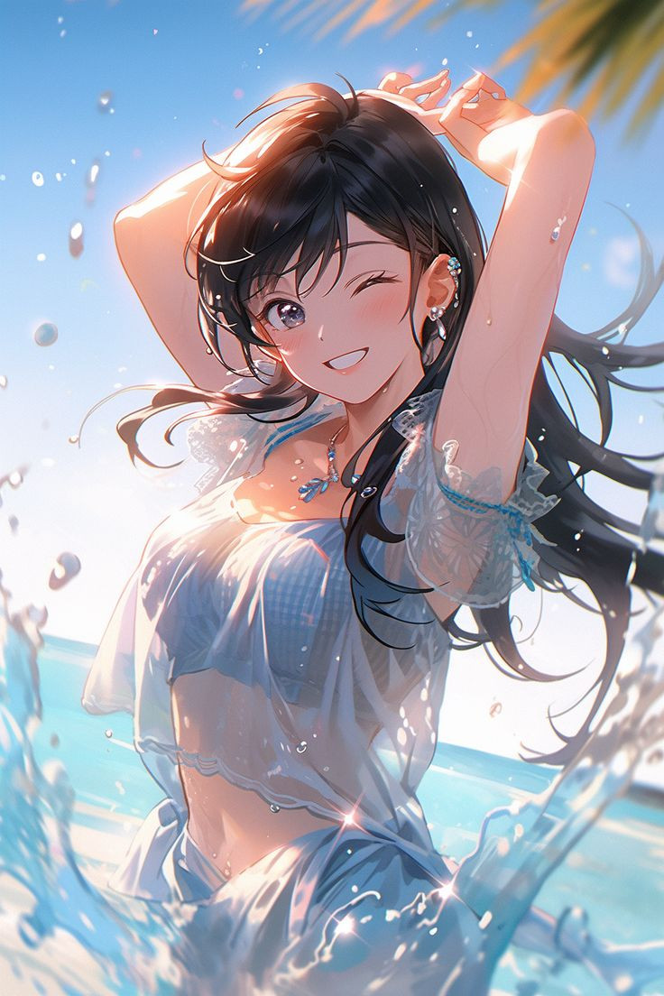 Cô gái anime tóc đen ướt sũng sau làn nước biển