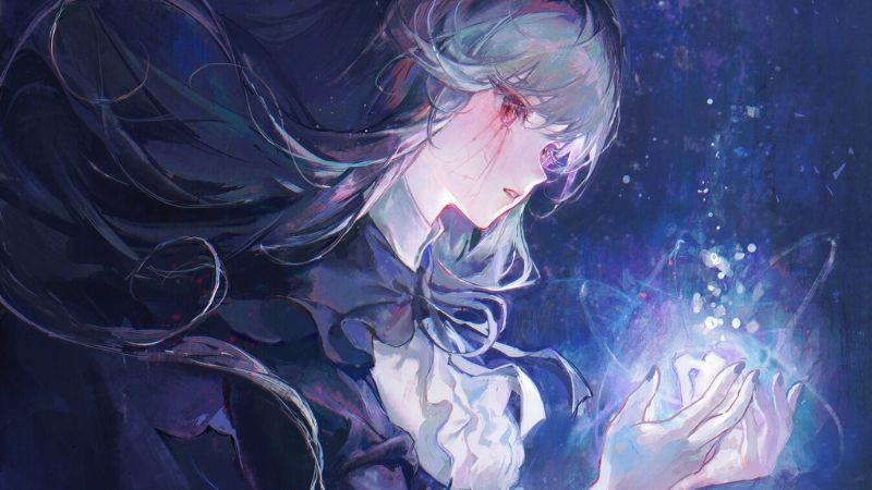 Cô gái anime tóc đỏ, áo khoác đen đứng ngược sáng