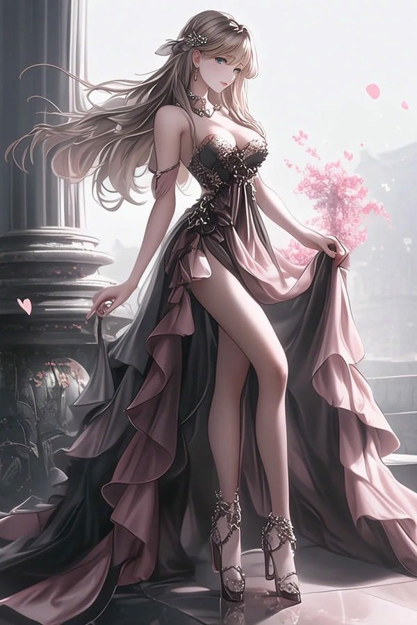 Cô gái anime tóc nâu dài trong tư thế nằm gợi cảm