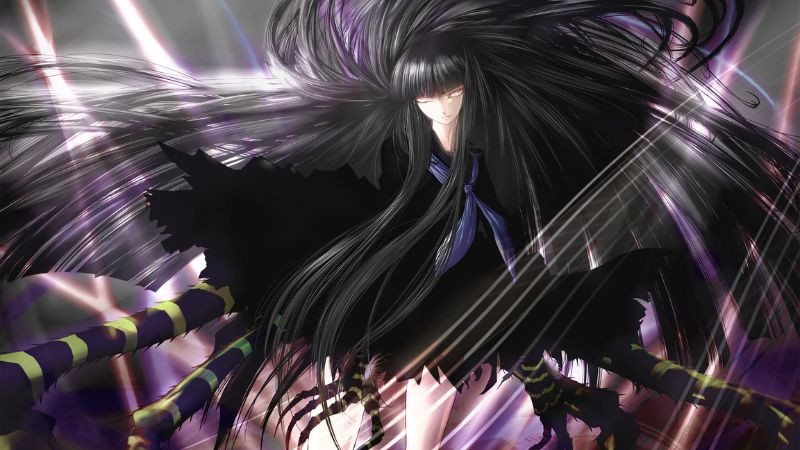 Cô gái anime tóc vàng, áo đen, có cánh