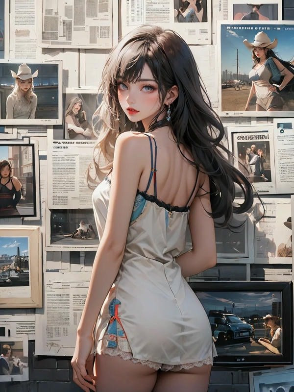 Cô gái anime tóc xanh dương mặc váy xẻ cao