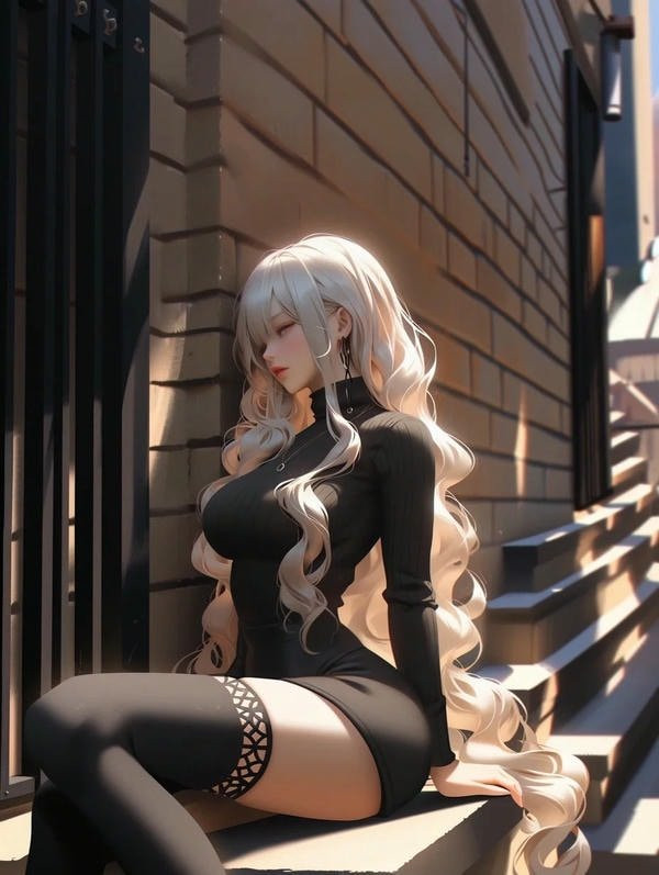 Cô gái anime tóc xanh dương với biểu cảm dễ thương nhưng quyến rũ