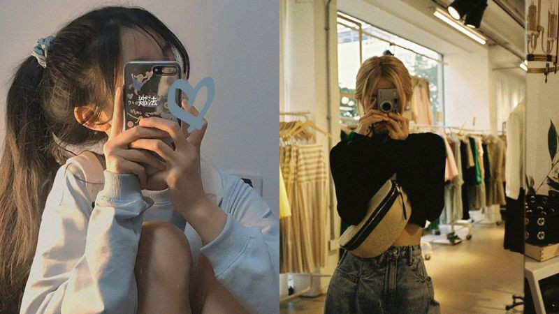 Cô gái cầm điện thoại che mặt khi chụp ảnh dáng đẹp che mặt trước gương