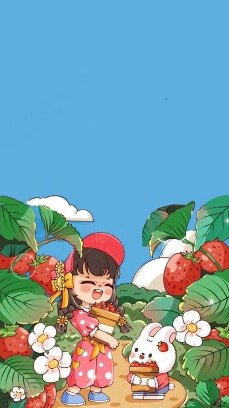 Cô gái cùng chú thỏ trong vườn dâu rực rỡ trong hình ảnh dễ thương