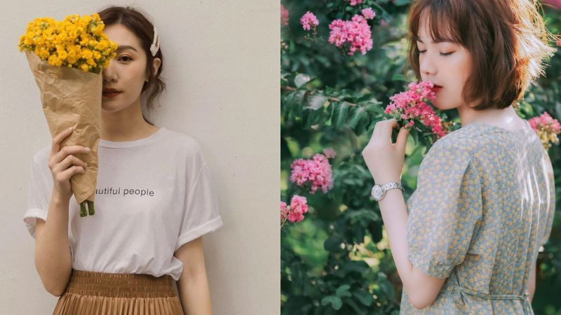 Cô gái dùng bó hoa cẩm tú cầu che một phần mặt khi chụp ảnh dáng đẹp che mặt