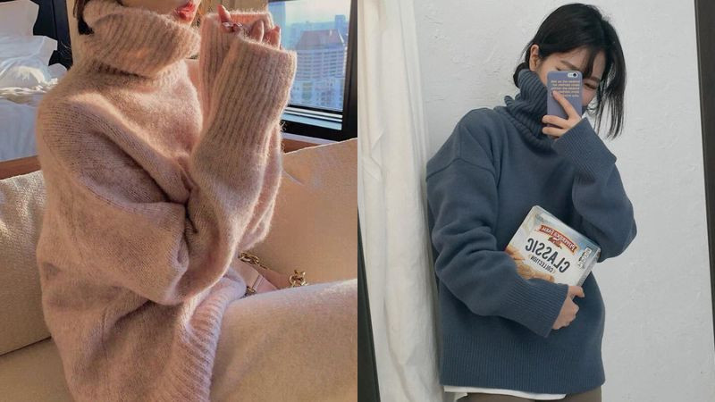 Cô gái kéo áo cổ lọ lên che một phần mặt khi chụp ảnh dáng đẹp che mặt mùa đông