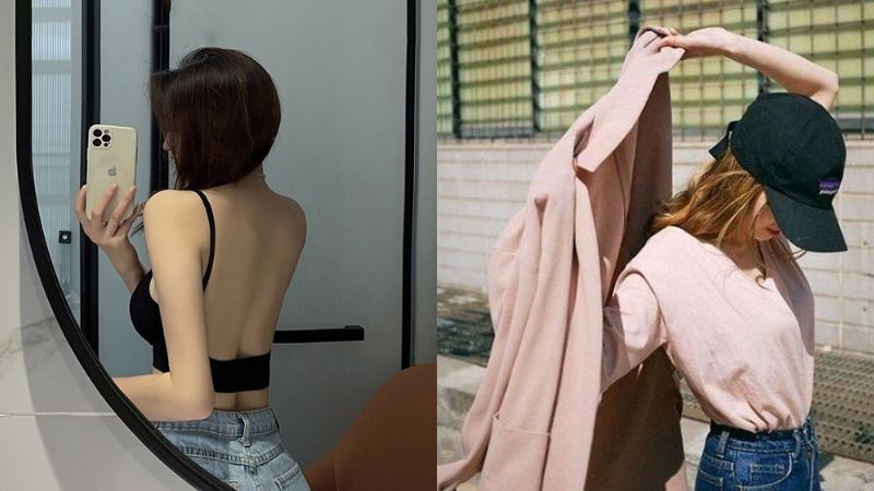 Cô gái mặc áo khoác da quay lưng nhìn ra biển, tạo dáng chụp ảnh che mặt phong cách