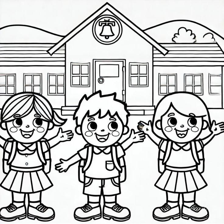 Cô giáo và các bạn nhỏ trong bức tranh tô màu trường mầm non