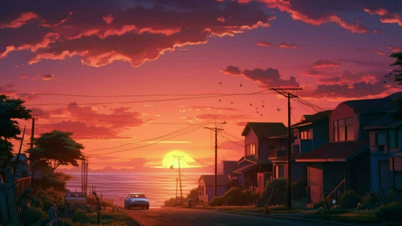 Con đường dẫn đến chân trời lúc hoàng hôn trong ảnh lofi