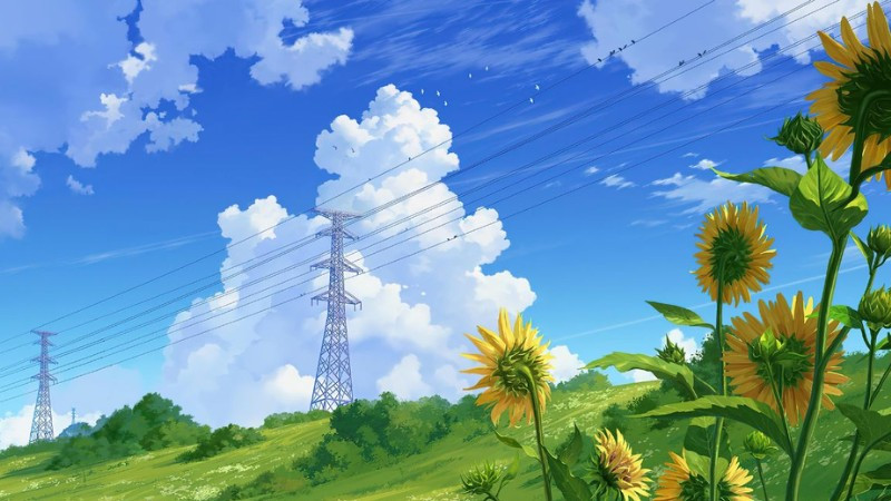 Con đường đất quanh co giữa cánh đồng và núi đồi trong ảnh phong cảnh anime