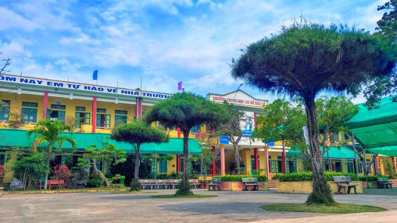 Con đường nhỏ uốn lượn giữa khóm hoa trong khuôn viên trường