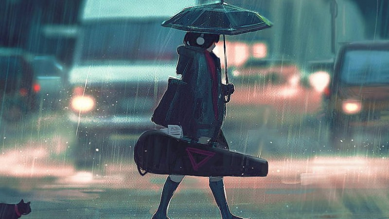 Con đường và cây cối dưới trời mưa phong cách lofi