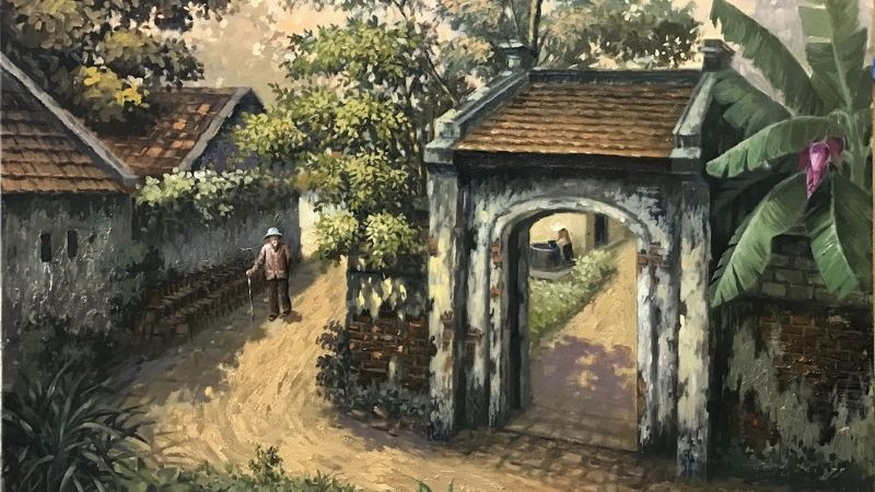 Cổng đình làng cổ kính với kiến trúc truyền thống, là biểu tượng văn hóa của làng quê Việt