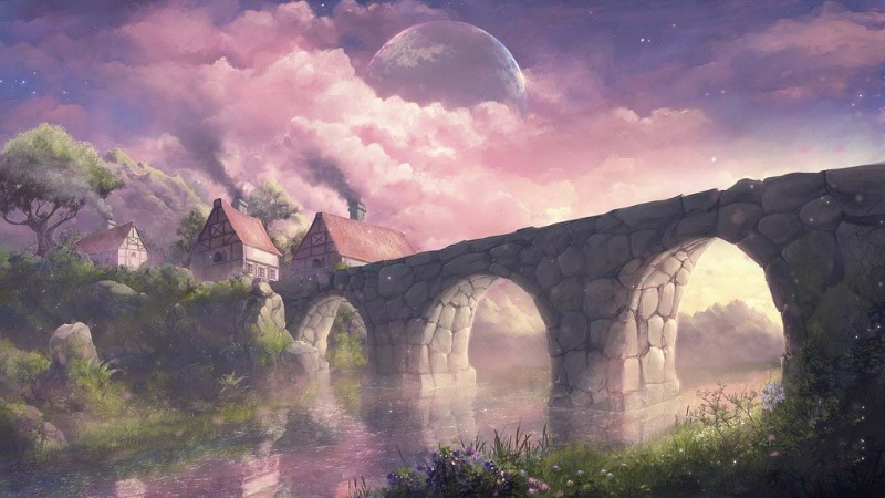 Cổng không gian dẫn đến một thế giới khác trong tranh phong cảnh anime kỳ ảo