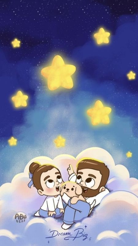 Couple cùng cún ngắm bầu trời sao lung linh và đáng yêu trong hình hoạt hình