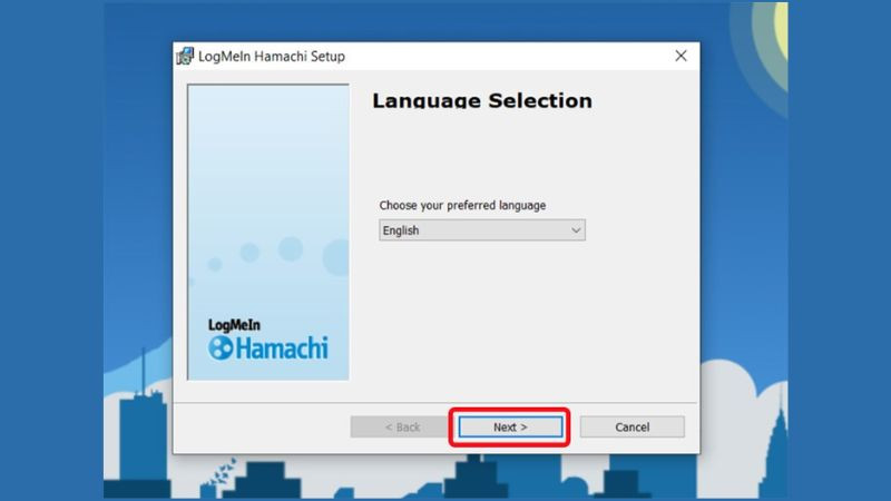 Cửa sổ cài đặt Hamachi hiển thị tùy chọn ngôn ngữ trước khi bắt đầu cài đặt