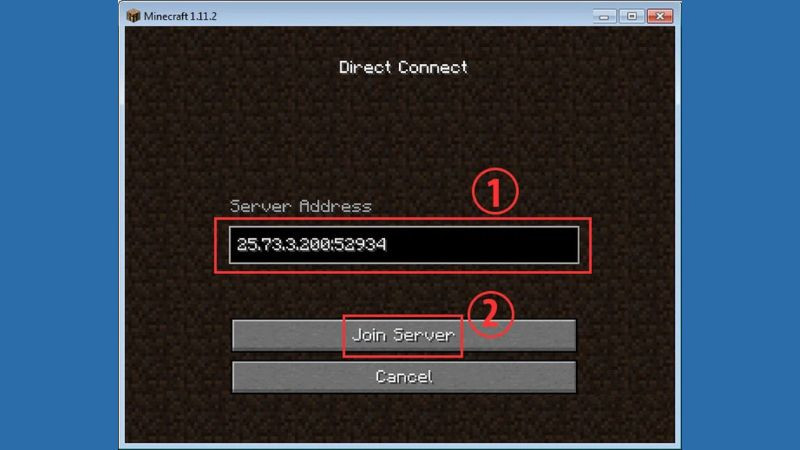 Cửa sổ &quot;Direct Connect&quot; trong game yêu cầu nhập địa chỉ IP mạng LAN và cổng game