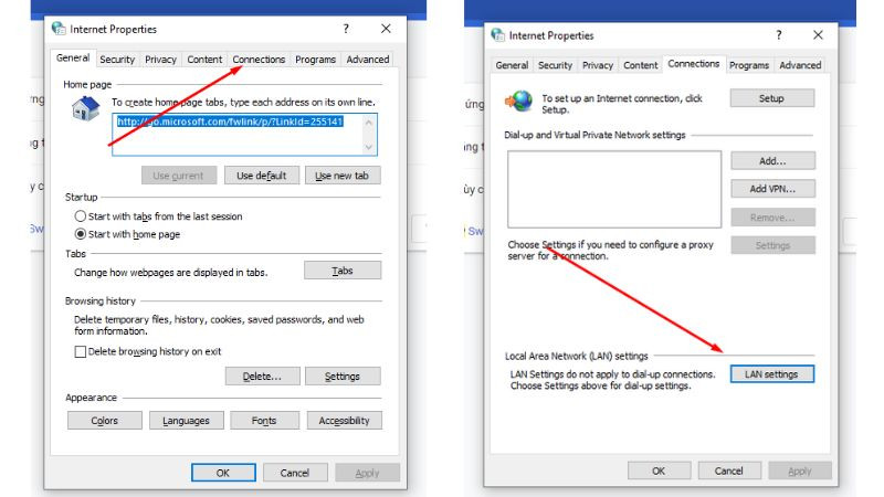 Cửa sổ Internet Properties trên Windows, tab Connections