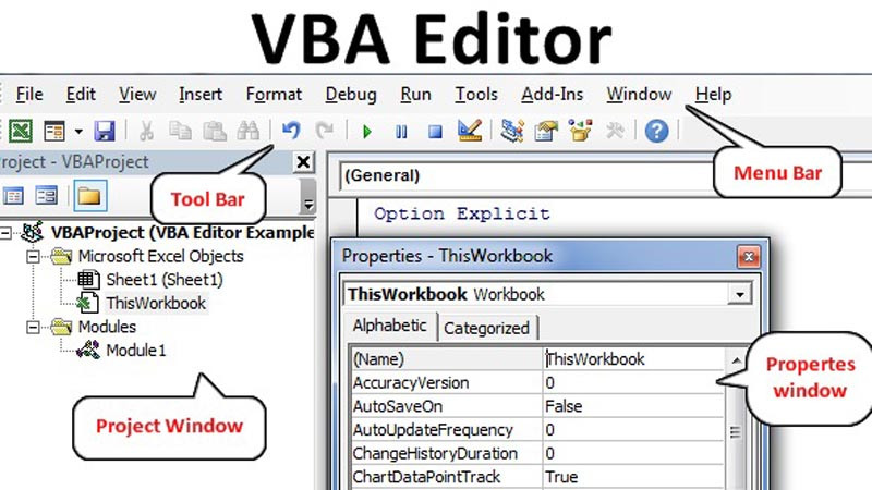 Cửa sổ Project Explorer trong Visual Basic Editor hiển thị cấu trúc dự án VBA