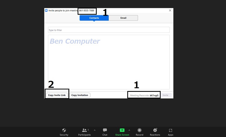 Cửa sổ thông tin cuộc họp Zoom hiển thị ID, Passcode và link mời (Invite Link) để chia sẻ