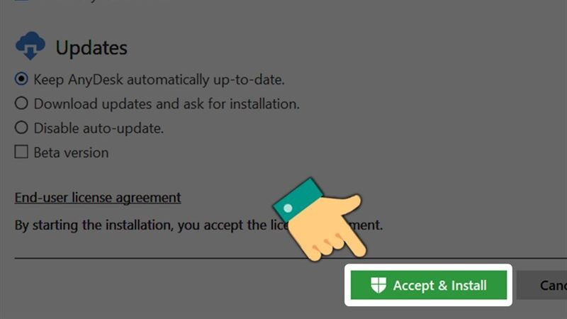 Cửa sổ xác nhận cài đặt AnyDesk, hiển thị nút &quot;Accept &amp; Install&quot;.