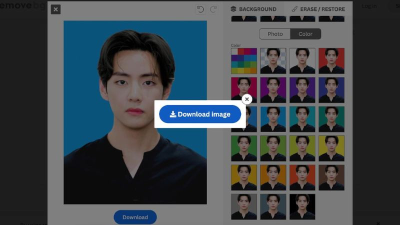 Cửa sổ xác nhận tải ảnh đã ghép nền trắng hoặc xanh từ Remove.bg, hiển thị nút &quot;Download Image&quot;