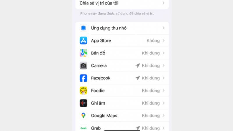 Danh sách các ứng dụng đã cài đặt, hiển thị trạng thái quyền truy cập vị trí hiện tại của mỗi ứng dụng trong cài đặt Location Services