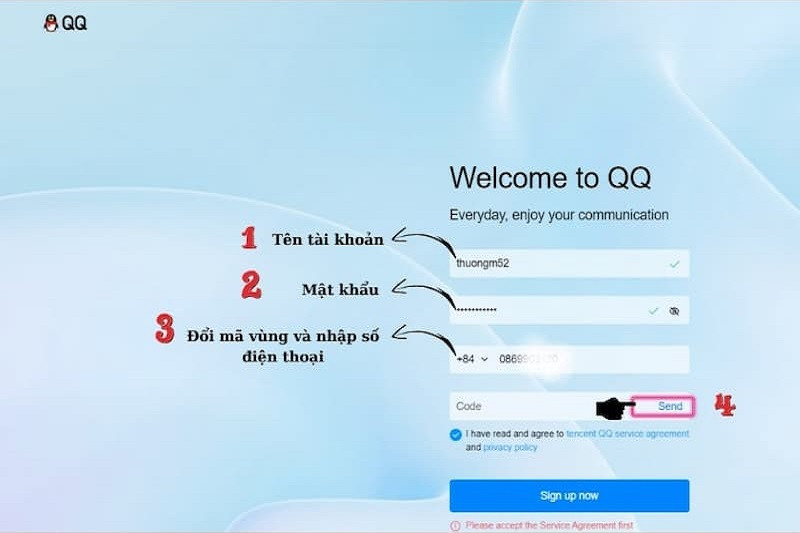 Điền thông tin và chọn mã vùng +84 để đăng ký tài khoản QQ trên máy tính