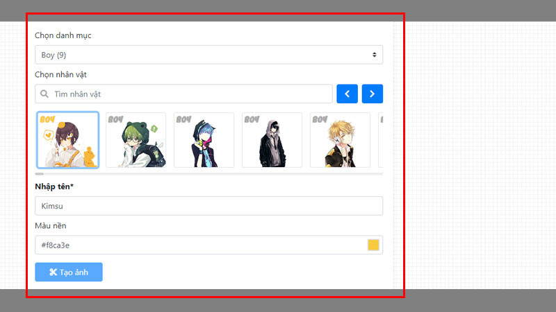 Điền thông tin và lựa chọn phong cách anime trên taoanhdep.com