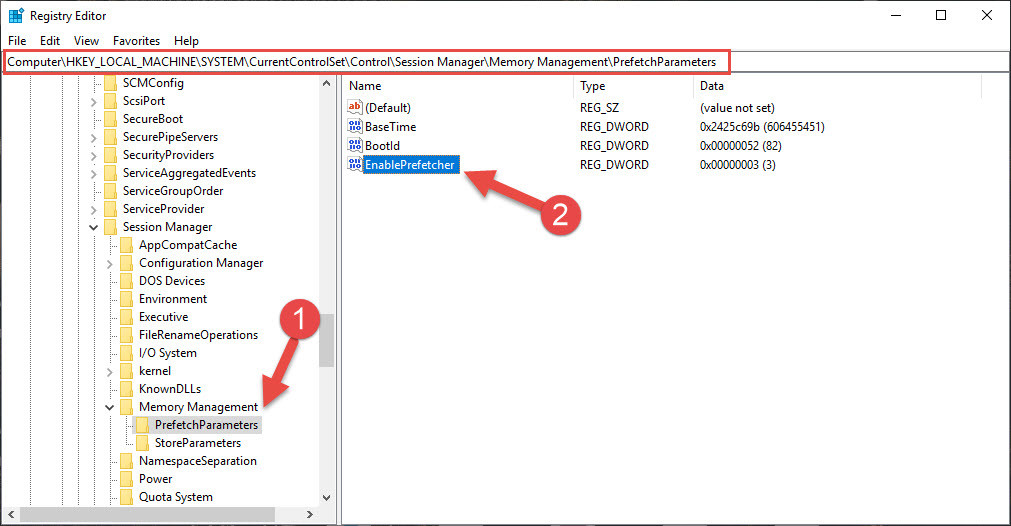 Điều hướng đến thư mục PrefetchParameters trong Registry Editor