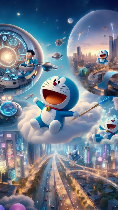 Doraemon đang sử dụng Chong Chóng Tre bay trên bầu trời cùng các bạn làm hình nền 4K