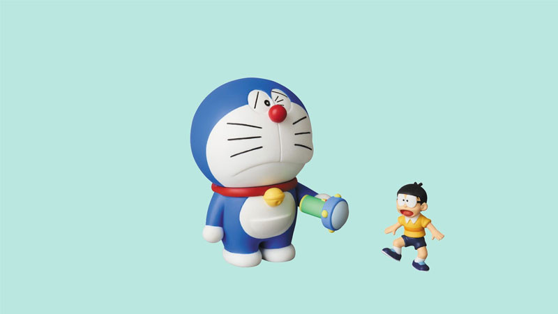 Doremon 3D trong một cảnh hành động hoặc đang sử dụng bảo bối, bối cảnh phức tạp