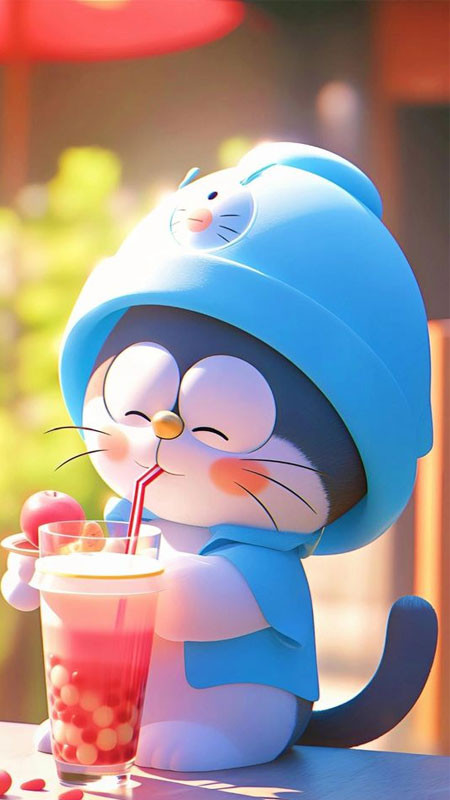 Doremon mỉm cười hạnh phúc, tay cầm một vật tròn, có thể là bánh rán