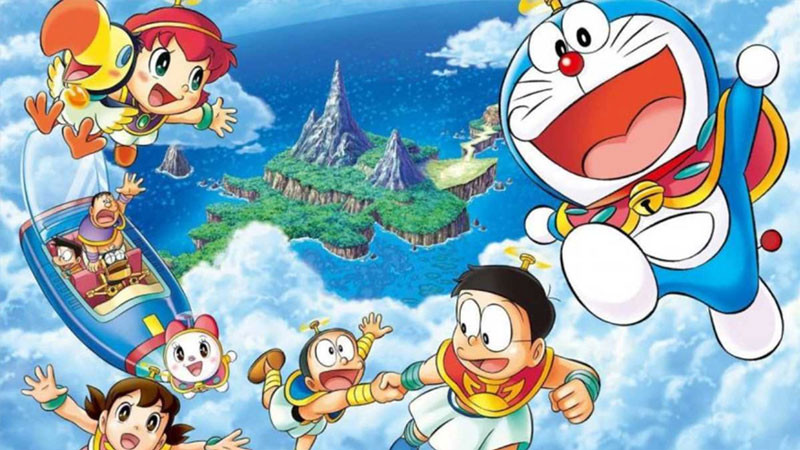 Doremon, Nobita và Shizuka đang vui vẻ bên nhau, có thể là trong một chuyến đi