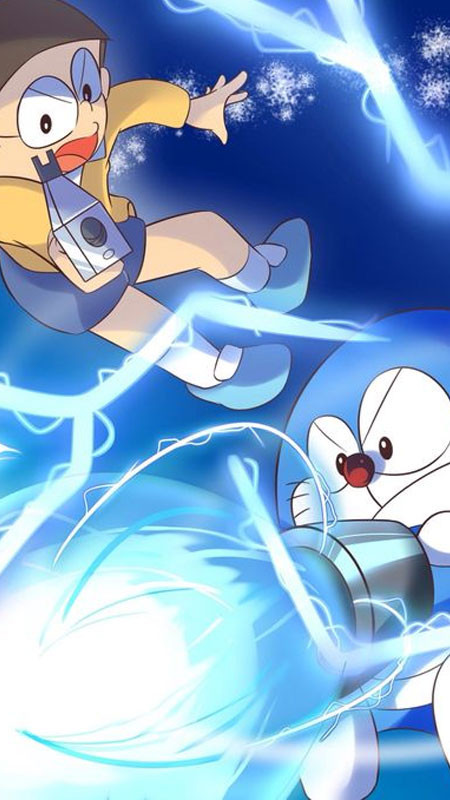 Doremon thể hiện một động tác hoặc tư thế dứt khoát, phong cách vẽ mạnh mẽ