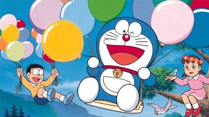Doremon và Nobita cùng nhóm bạn đang tận hưởng một hoạt động ngoài trời