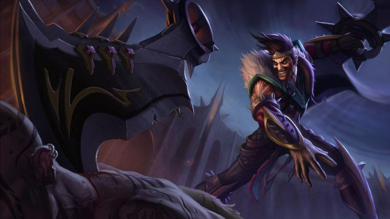 Draven, Đao Phủ Kiêu Hãnh, xạ thủ biểu diễn của Noxus với kỹ năng ném và bắt rìu độc đáo, tích lũy vàng nhanh chóng