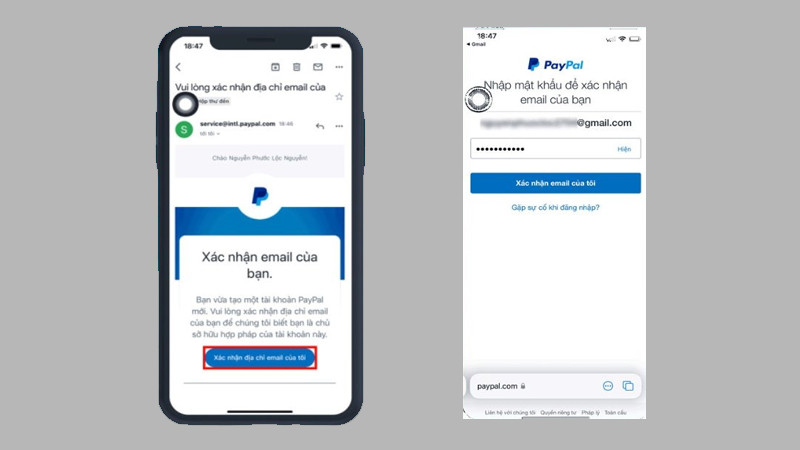 Email xác nhận từ PayPal yêu cầu người dùng nhấp vào liên kết để xác thực địa chỉ email