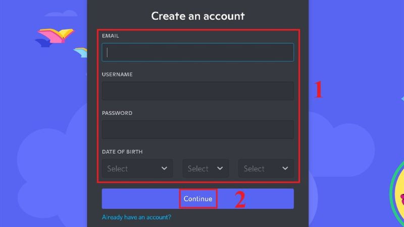 Form điền thông tin khi đăng ký tài khoản Discord mới