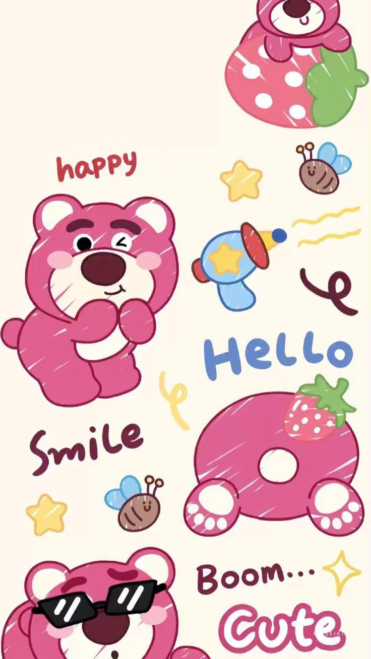 Gấu dâu cute với background trơn màu hồng