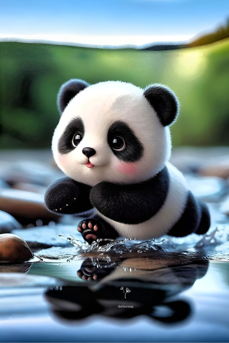 Gấu trúc 3D đáng yêu đang nghịch nước