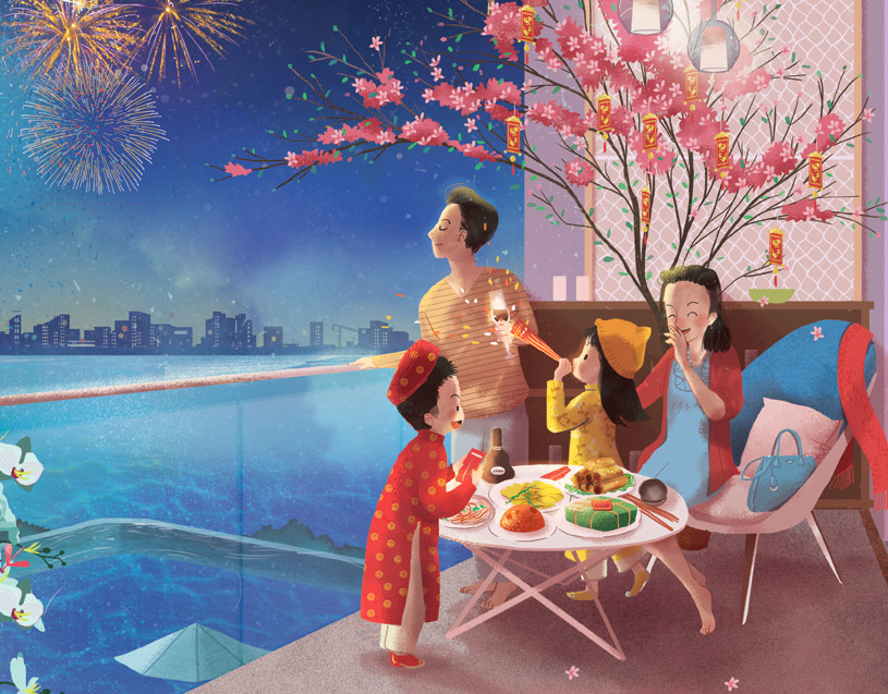 Gia đình bốn người cùng nhau ngắm nhìn pháo hoa rực rỡ đón Giao thừa