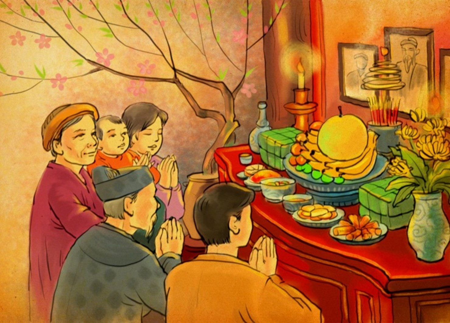 Gia đình cùng nhau chuẩn bị mâm cơm cúng truyền thống đầu năm