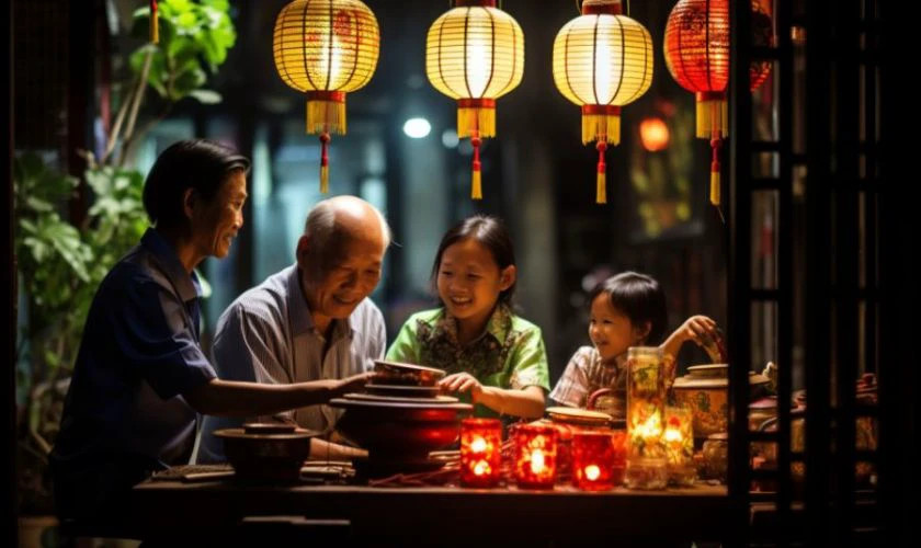 Gia đình ngồi quanh mâm cỗ Trung Thu đầy đặn và trò chuyện