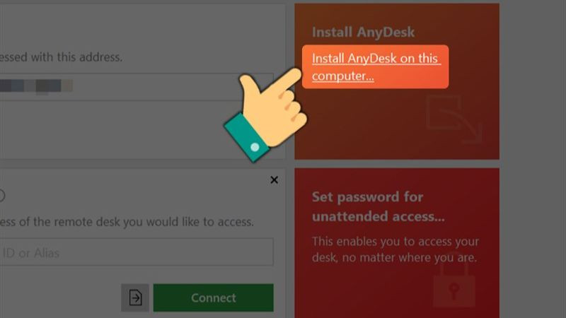 Giao diện AnyDesk sau khi chạy file tải về, hiển thị tùy chọn cài đặt đầy đủ.