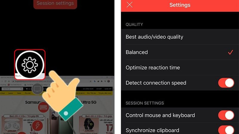 Giao diện cài đặt nâng cao trong ứng dụng AnyDesk trên điện thoại di động.