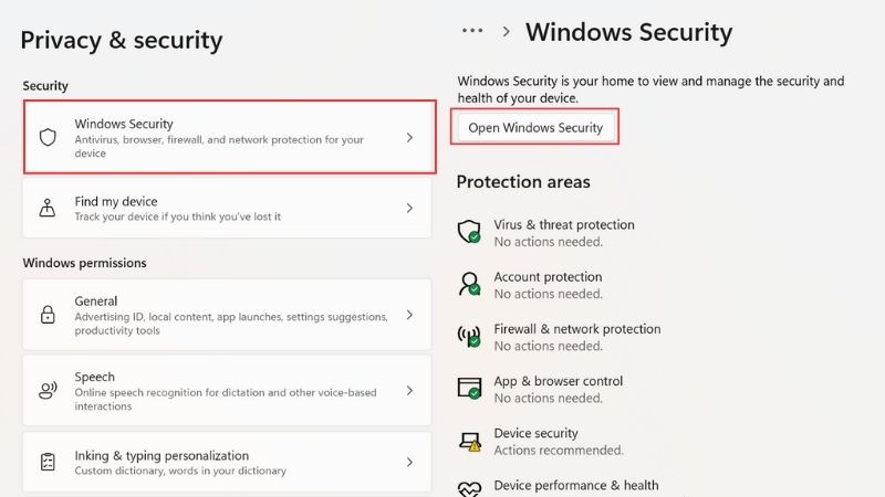 Giao diện chính của Windows Security với mục Virus &amp; threat protection