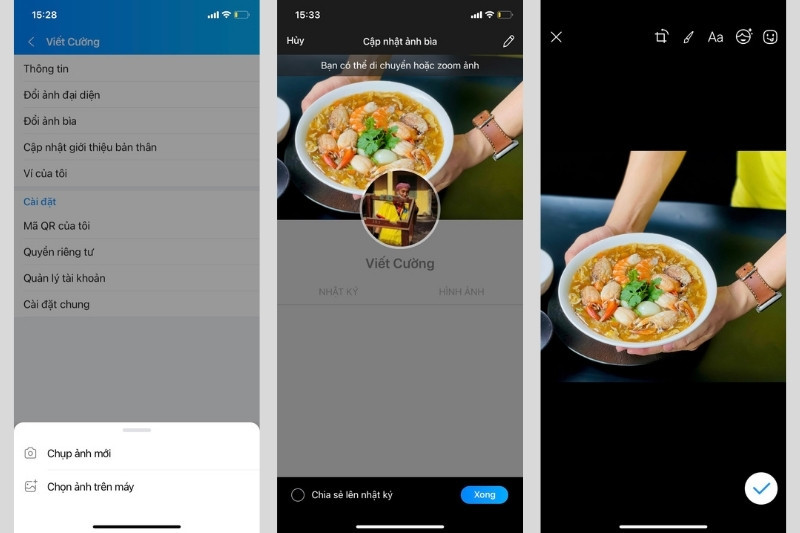 Giao diện chỉnh sửa và cắt ảnh khi đổi ảnh bìa Zalo trên điện thoại